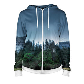 Женская толстовка 3D на молнии с принтом Forest в Ухте, 100% полиэстер | длина до линии бедра, манжеты и пояс оформлены мягкой тканевой резинкой, двухслойный капюшон со шнурком для регулировки, спереди молния, по бокам два кармана | forest | горы | ели | лес | север | сосны | туман