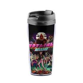 Термокружка-непроливайка с принтом Hotline Miami 17 в Ухте, внутренняя часть — пищевой пластик, наружная часть — прозрачный пластик, между ними — полиграфическая вставка с рисунком | объем — 350 мл, герметичная крышка | game | hotline miami | hotlinemiami | игры | майями | хотлайн | хотланй майами