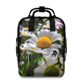 Женский рюкзак 3D с принтом Ромашки в Ухте, 100% полиэстер | лямки с регулируемой длиной, сверху ручки, чтобы рюкзак нести как сумку. Основное отделение закрывается на молнию, как и внешний карман. Внутри два дополнительных кармана, один из которых закрывается на молнию. По бокам два дополнительных кармашка, куда поместится маленькая бутылочка
 | желтая | лепесток | природа | ромашка | цветок | яркая
