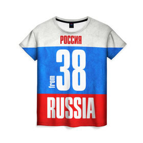 Женская футболка 3D с принтом Russia (from 38) в Ухте, 100% полиэфир ( синтетическое хлопкоподобное полотно) | прямой крой, круглый вырез горловины, длина до линии бедер | 138 | 38 | 85 | im from | russia | иркутск | иркутская область | регионы | родина | россия | сибирь | триколор | флаг россии