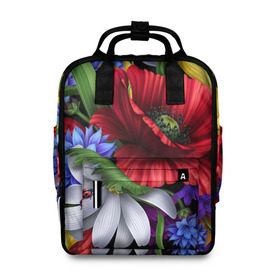 Женский рюкзак 3D с принтом Композиция цветов в Ухте, 100% полиэстер | лямки с регулируемой длиной, сверху ручки, чтобы рюкзак нести как сумку. Основное отделение закрывается на молнию, как и внешний карман. Внутри два дополнительных кармана, один из которых закрывается на молнию. По бокам два дополнительных кармашка, куда поместится маленькая бутылочка
 | композиция | мак | ромашки | цветы