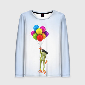 Женский лонгслив 3D с принтом Лягушка на воздушных шарах в Ухте, 100% полиэстер | длинные рукава, круглый вырез горловины, полуприлегающий силуэт | 