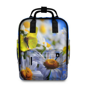 Женский рюкзак 3D с принтом Ромашки и бабочка в Ухте, 100% полиэстер | лямки с регулируемой длиной, сверху ручки, чтобы рюкзак нести как сумку. Основное отделение закрывается на молнию, как и внешний карман. Внутри два дополнительных кармана, один из которых закрывается на молнию. По бокам два дополнительных кармашка, куда поместится маленькая бутылочка
 | бабочки | лето | природа | ромашки | цветы