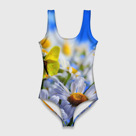 Купальник-боди 3D с принтом Ромашки и бабочка в Ухте, 82% полиэстер, 18% эластан | Круглая горловина, круглый вырез на спине | бабочки | лето | природа | ромашки | цветы