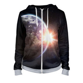 Женская толстовка 3D на молнии с принтом Космический свет в Ухте, 100% полиэстер | длина до линии бедра, манжеты и пояс оформлены мягкой тканевой резинкой, двухслойный капюшон со шнурком для регулировки, спереди молния, по бокам два кармана | вселенная | галактика | земля | солнце