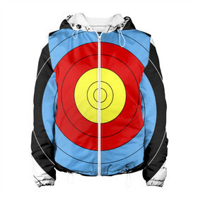 Женская куртка 3D с принтом Мишень для лука в Ухте, ткань верха — 100% полиэстер, подклад — флис | прямой крой, подол и капюшон оформлены резинкой с фиксаторами, два кармана без застежек по бокам, один большой потайной карман на груди. Карман на груди застегивается на липучку | оружие | спорт | стрельба