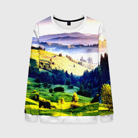 Мужской свитшот 3D Альпы: в Ухте, 100% полиэстер с мягким внутренним слоем | круглый вырез горловины, мягкая резинка на манжетах и поясе, свободная посадка по фигуре | горы | зелень | лето | природа | солнце | туман