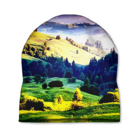 Шапка 3D Альпы: в Ухте, 100% полиэстер | универсальный размер, печать по всей поверхности изделия | горы | зелень | лето | природа | солнце | туман