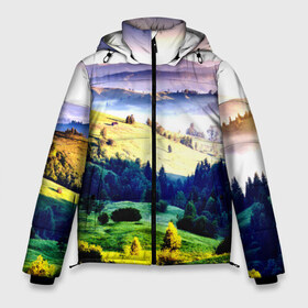 Мужская зимняя куртка 3D с принтом Альпы в Ухте, верх — 100% полиэстер; подкладка — 100% полиэстер; утеплитель — 100% полиэстер | длина ниже бедра, свободный силуэт Оверсайз. Есть воротник-стойка, отстегивающийся капюшон и ветрозащитная планка. 

Боковые карманы с листочкой на кнопках и внутренний карман на молнии. | горы | зелень | лето | природа | солнце | туман