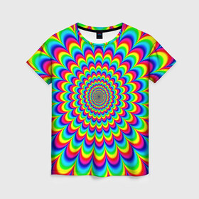 Женская футболка 3D с принтом Psychedelic в Ухте, 100% полиэфир ( синтетическое хлопкоподобное полотно) | прямой крой, круглый вырез горловины, длина до линии бедер | круги | радужный | разоцветный | яркий