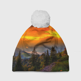 Шапка 3D c помпоном Пейзаж: в Ухте, 100% полиэстер | универсальный размер, печать по всей поверхности изделия | горы | закат | лес | новая | природа