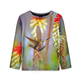 Детский лонгслив 3D с принтом Колибри в Ухте, 100% полиэстер | длинные рукава, круглый вырез горловины, полуприлегающий силуэт
 | лепесток | новая | природа | птичка | цветок | яркая