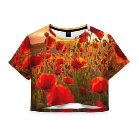 Женская футболка 3D укороченная с принтом Маки в Ухте, 100% полиэстер | круглая горловина, длина футболки до линии талии, рукава с отворотами | Тематика изображения на принте: field | flowers | meadow | nature | poppies | red | sky | summer | sun | sunset | wild | закат | красные | лето | луг | маки | небо | поле | полевые | природа | солнце | цветы