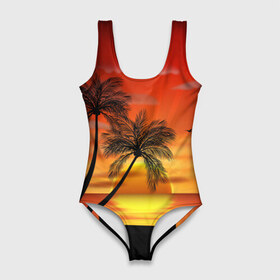 Купальник-боди 3D с принтом Закат 1 в Ухте, 82% полиэстер, 18% эластан | Круглая горловина, круглый вырез на спине | море | отдых | отпуск | пальмы | пляж | солнце | туризм
