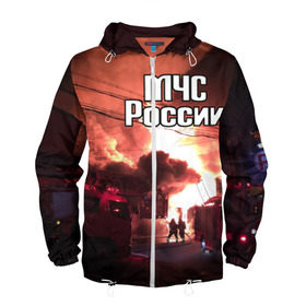 Мужская ветровка 3D с принтом МЧС в Ухте, 100% полиэстер | подол и капюшон оформлены резинкой с фиксаторами, два кармана без застежек по бокам, один потайной карман на груди | мчс | пожарный | россии