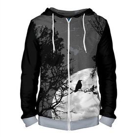 Мужская толстовка 3D на молнии с принтом Черный ворон в Ухте, 100% полиэстер | длина до линии бедра, манжеты и пояс оформлены мягкой тканевой резинкой, двухслойный капюшон со шнурком для регулировки, спереди молния, по бокам два кармана | ворон | луна | новинки | ночь | полнолуние | природа | птица
