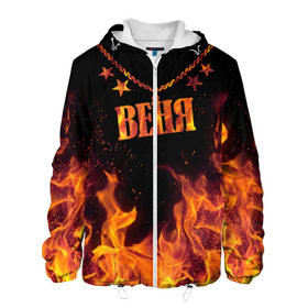 Мужская куртка 3D с принтом Веня в Ухте, ткань верха — 100% полиэстер, подклад — флис | прямой крой, подол и капюшон оформлены резинкой с фиксаторами, два кармана без застежек по бокам, один большой потайной карман на груди. Карман на груди застегивается на липучку | Тематика изображения на принте: black background | chain | fire | name | stars | venia | веня | звезды | имя | огонь | цепь | черный фон