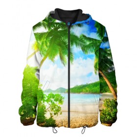 Мужская куртка 3D с принтом Тропики в Ухте, ткань верха — 100% полиэстер, подклад — флис | прямой крой, подол и капюшон оформлены резинкой с фиксаторами, два кармана без застежек по бокам, один большой потайной карман на груди. Карман на груди застегивается на липучку | берег | лето | море | отдых | тропики