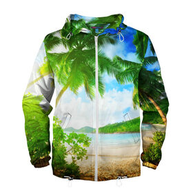 Мужская ветровка 3D Тропики: в Ухте, 100% полиэстер | подол и капюшон оформлены резинкой с фиксаторами, два кармана без застежек по бокам, один потайной карман на груди | берег | лето | море | отдых | тропики