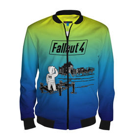 Мужской бомбер 3D с принтом Волт-бой Fallout 4 в Ухте, 100% полиэстер | застегивается на молнию, по бокам два кармана без застежек, по низу бомбера и на воротнике - эластичная резинка | Тематика изображения на принте: fallout 4 | vault boy | волт бой | фаллаут