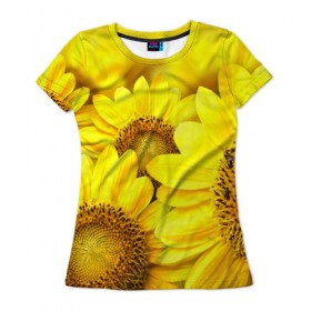 Женская футболка 3D с принтом Подсолнухи в Ухте, 100% полиэфир ( синтетическое хлопкоподобное полотно) | прямой крой, круглый вырез горловины, длина до линии бедер | 