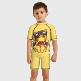 Детский купальный костюм 3D с принтом Пикачу в шапочке в Ухте, Полиэстер 85%, Спандекс 15% | застежка на молнии на спине | pikachu | pokeball | pokemon | пикачу | покеболл | покемон