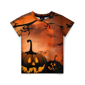 Детская футболка 3D с принтом Happy Halloween в Ухте, 100% гипоаллергенный полиэфир | прямой крой, круглый вырез горловины, длина до линии бедер, чуть спущенное плечо, ткань немного тянется | Тематика изображения на принте: 