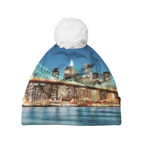 Шапка 3D c помпоном с принтом Огни ночного города в Ухте, 100% полиэстер | универсальный размер, печать по всей поверхности изделия | америка | город | европа | китай | красота | новинки | ночь | огонь | пейзаж | свет