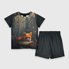 Детский костюм с шортами 3D с принтом Лиса в Ухте,  |  | autum | forest | fox | лес | лиса | осень
