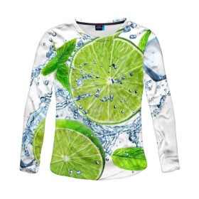 Женский лонгслив 3D с принтом Свежесть лайма в Ухте, 100% полиэстер | длинные рукава, круглый вырез горловины, полуприлегающий силуэт | бармен | витамины | диета | коктель | куб | лед | мороз | новинки | холодный | цвет