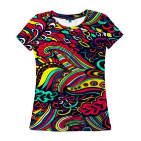 Женская футболка 3D с принтом Disquared в Ухте, 100% полиэфир ( синтетическое хлопкоподобное полотно) | прямой крой, круглый вырез горловины, длина до линии бедер | завитки | разноцветный | яркий