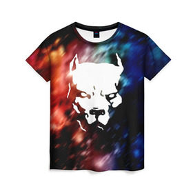 Женская футболка 3D с принтом Стаффордширский терьер в Ухте, 100% полиэфир ( синтетическое хлопкоподобное полотно) | прямой крой, круглый вырез горловины, длина до линии бедер | betta | breed | bright colors | dog | fantasy | look | space | staffordshire terrier | template | бойцовая | взгляд | космос | порода | собака | стаффордширский терьер | трафарет | фантазия | яркие краски