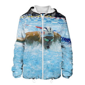 Мужская куртка 3D с принтом Пловец в Ухте, ткань верха — 100% полиэстер, подклад — флис | прямой крой, подол и капюшон оформлены резинкой с фиксаторами, два кармана без застежек по бокам, один большой потайной карман на груди. Карман на груди застегивается на липучку | бассейн | вода | пловец