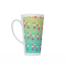 Кружка Латте с принтом Фламинго и пальмы в Ухте, Белая керамика | Объем 480 мл; Высота 150 мм; Диаметр 90 мм | Тематика изображения на принте: животные | мозаика | пальмы | птицы | тропики | узор | фауна | фламинго