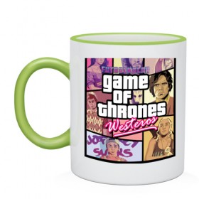 Кружка двухцветная с принтом Game of thrones - Westeros в Ухте, керамика | объем — 330 мл, диаметр — 80 мм. Цветная ручка и кайма сверху, в некоторых цветах — вся внутренняя часть | Тематика изображения на принте: game of the thrones | grand theft auto | gta | jon snow | wolf | волк | джон сноу | игра престоло | кхалисия