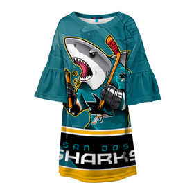 Детское платье 3D с принтом San Jose Sharks в Ухте, 100% полиэстер | прямой силуэт, чуть расширенный к низу. Круглая горловина, на рукавах — воланы | nhl | san jose sharks | sharks | stanley cup | кубок стенли | кубок стэнли | нхл | сан хосе | сан хосе шаркс | хоккей | хоккейный клуб | шаркс