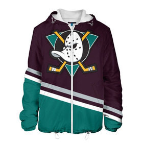 Мужская куртка 3D с принтом Anaheim Ducks в Ухте, ткань верха — 100% полиэстер, подклад — флис | прямой крой, подол и капюшон оформлены резинкой с фиксаторами, два кармана без застежек по бокам, один большой потайной карман на груди. Карман на груди застегивается на липучку | Тематика изображения на принте: хоккей