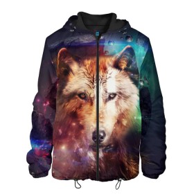 Мужская куртка 3D с принтом Space WOLF в Ухте, ткань верха — 100% полиэстер, подклад — флис | прямой крой, подол и капюшон оформлены резинкой с фиксаторами, два кармана без застежек по бокам, один большой потайной карман на груди. Карман на груди застегивается на липучку | Тематика изображения на принте: голова | звезды