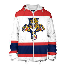 Мужская куртка 3D с принтом Florida Panthers white в Ухте, ткань верха — 100% полиэстер, подклад — флис | прямой крой, подол и капюшон оформлены резинкой с фиксаторами, два кармана без застежек по бокам, один большой потайной карман на груди. Карман на груди застегивается на липучку | Тематика изображения на принте: florida panthers | hockey | nhl | нхл | хоккей