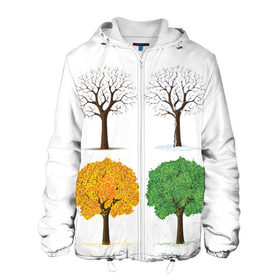 Мужская куртка 3D с принтом Времена года в Ухте, ткань верха — 100% полиэстер, подклад — флис | прямой крой, подол и капюшон оформлены резинкой с фиксаторами, два кармана без застежек по бокам, один большой потайной карман на груди. Карман на груди застегивается на липучку | Тематика изображения на принте: весна | деревья | зима | лето | осень