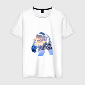 Мужская футболка хлопок с принтом медведь зима в Ухте, 100% хлопок | прямой крой, круглый вырез горловины, длина до линии бедер, слегка спущенное плечо. | Тематика изображения на принте: 