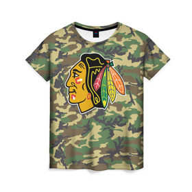 Женская футболка 3D с принтом Blackhawks Camouflage в Ухте, 100% полиэфир ( синтетическое хлопкоподобное полотно) | прямой крой, круглый вырез горловины, длина до линии бедер | camouflage | chicago blackhawks | hockey | nhl | нхл | хоккей
