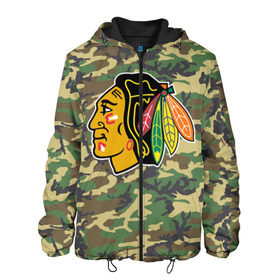 Мужская куртка 3D с принтом Blackhawks Camouflage в Ухте, ткань верха — 100% полиэстер, подклад — флис | прямой крой, подол и капюшон оформлены резинкой с фиксаторами, два кармана без застежек по бокам, один большой потайной карман на груди. Карман на груди застегивается на липучку | Тематика изображения на принте: camouflage | chicago blackhawks | hockey | nhl | нхл | хоккей