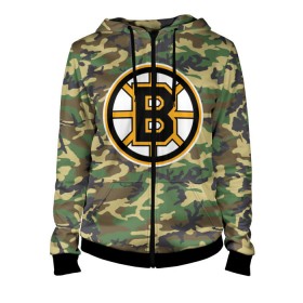 Женская толстовка 3D на молнии с принтом Bruins Camouflage в Ухте, 100% полиэстер | длина до линии бедра, манжеты и пояс оформлены мягкой тканевой резинкой, двухслойный капюшон со шнурком для регулировки, спереди молния, по бокам два кармана | boston bruins | camouflage | hockey | nhl | нхл | хоккей