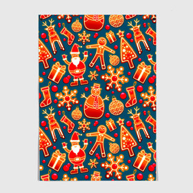 Постер Рождество: в Ухте, 100% бумага
 | бумага, плотность 150 мг. Матовая, но за счет высокого коэффициента гладкости имеет небольшой блеск и дает на свету блики, но в отличии от глянцевой бумаги не покрыта лаком | колокольчик | олень | паттерн | свеча | снежинка | фон | шарик