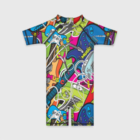 Детский купальный костюм 3D с принтом POP ART в Ухте, Полиэстер 85%, Спандекс 15% | застежка на молнии на спине | music | popart | rock | гитара | поп арт