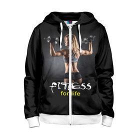 Детская толстовка 3D на молнии с принтом Fitness for life в Ухте, 100% полиэстер |  манжеты и пояс оформлены широкой мягкой резинкой, двухслойный капюшон со шнурком для регулировки, спереди карманы и застежка-молния
 | fitness. гантели | девушка | прикольные картинки | спорт | тело | экстрим