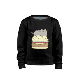 Детский свитшот хлопок с принтом Котик с бургером в Ухте, 100% хлопок | круглый вырез горловины, эластичные манжеты, пояс и воротник | бургер | еда | животные | кот
