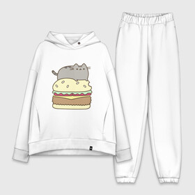 Женский костюм хлопок Oversize с принтом Котик с бургером в Ухте,  |  | бургер | еда | животные | кот