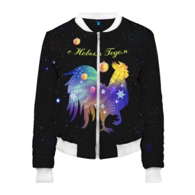 Женский бомбер 3D с принтом Новогодний петушок в Ухте, 100% полиэстер | застегивается на молнию, по бокам два кармана без застежек, мягкие манжеты, по низу бомбера и на воротнике — эластичная резинка | 2017 | new year | новогодний | огненный | петух | петушок | с новым годом